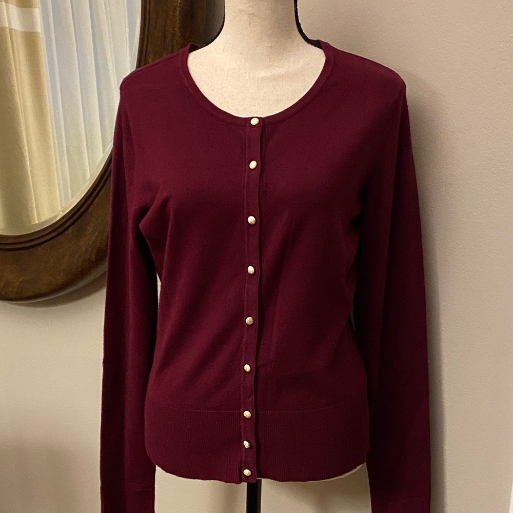 WHBM Classic Women's Burgundy Pearl-Button Crewneck Cardigan Sweater